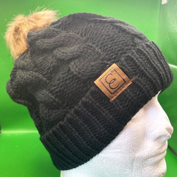 C.C. Exclusives Beanie Black Cable Knit Faux Fur Pom Pom Fall Winter Hat NWOT - Picture 2 of 10